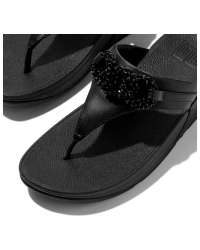 Lulu Beaded-Chain Leather Toe-Post Sandals Black