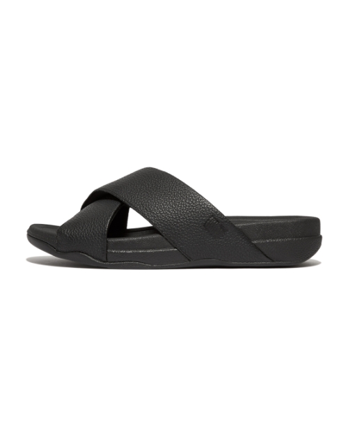 Surfer Mens Tumbled-Leather Cross Slides Black