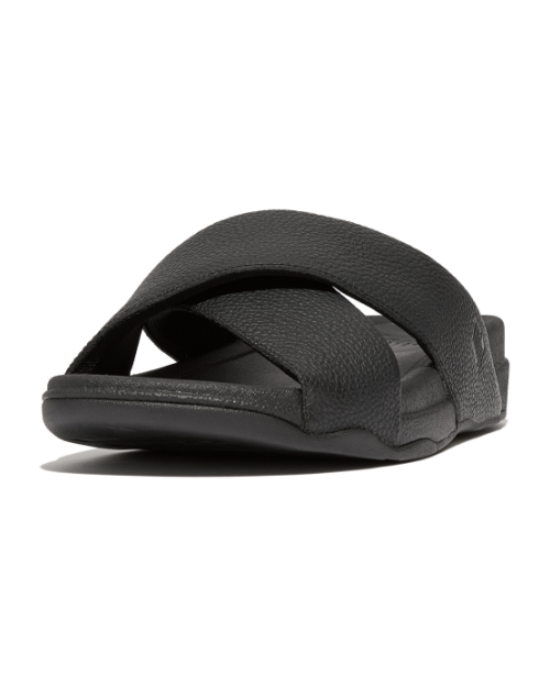 Surfer Mens Tumbled-Leather Cross Slides Black