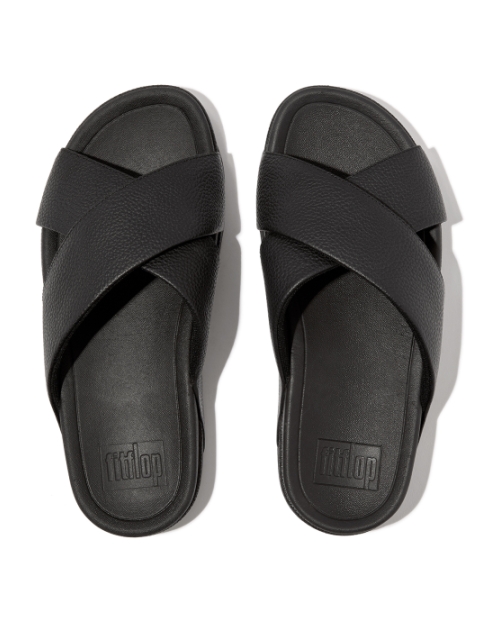 Surfer Mens Tumbled-Leather Cross Slides Black