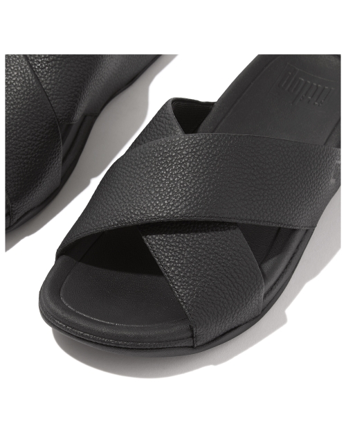 Surfer Mens Tumbled-Leather Cross Slides Black