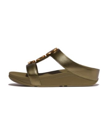 FitFlop Halo Bead-Circle Metallic H-Bar Slides Metallic Camo-Green