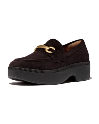 FitFlop F-Luma Chunky-Snaffle Suede Demi-Wedge Loafers Chocolate Brown