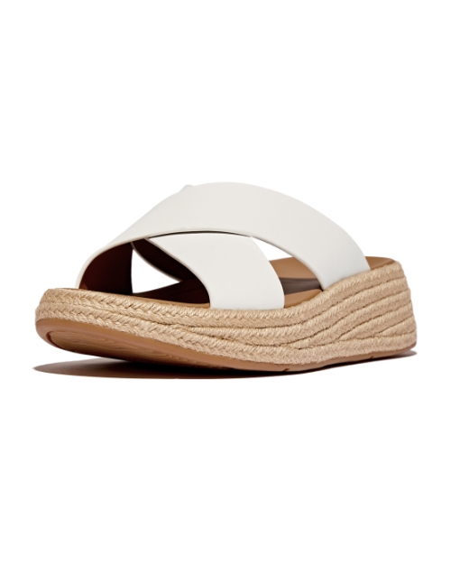 F-Mode Espadrille Leather Flatform Cross Slides Urban White