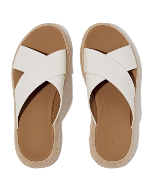 F-Mode Espadrille Leather Flatform Cross Slides Urban White