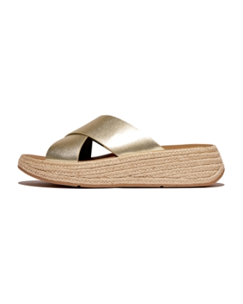 FitFlop F-Mode Espadrille Leather Flatform Cross Slides Platino