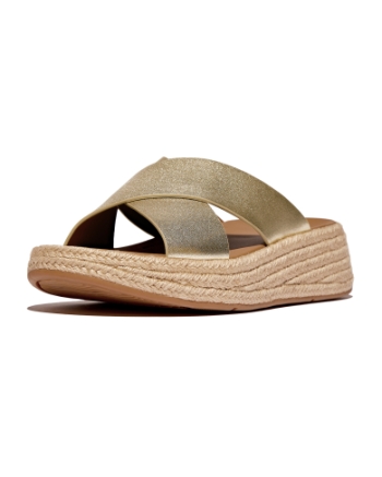 FitFlop F-Mode Espadrille Leather Flatform Cross Slides Platino
