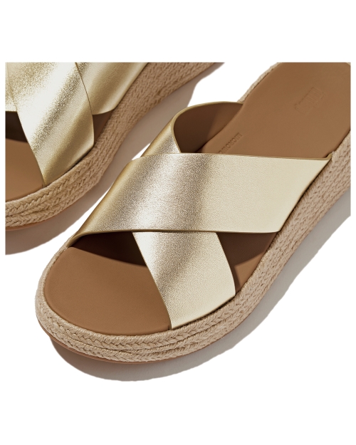 F-Mode Espadrille Leather Flatform Cross Slides Platino