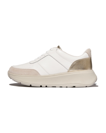 FitFlop F-Mode Leather/Suede/Metallic Flatform Sneakers Urban White/Platino